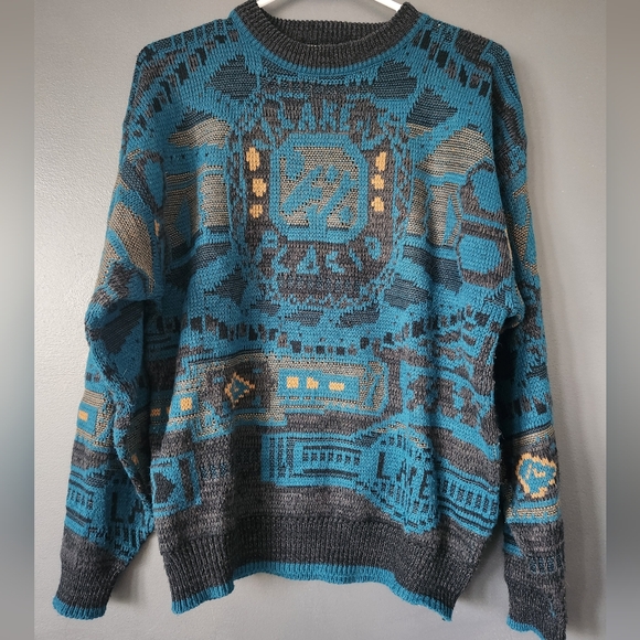 Saturdays vintage fall of 1990 men's medium Lake Placid teal gold sweater - Picture 1 of 9
